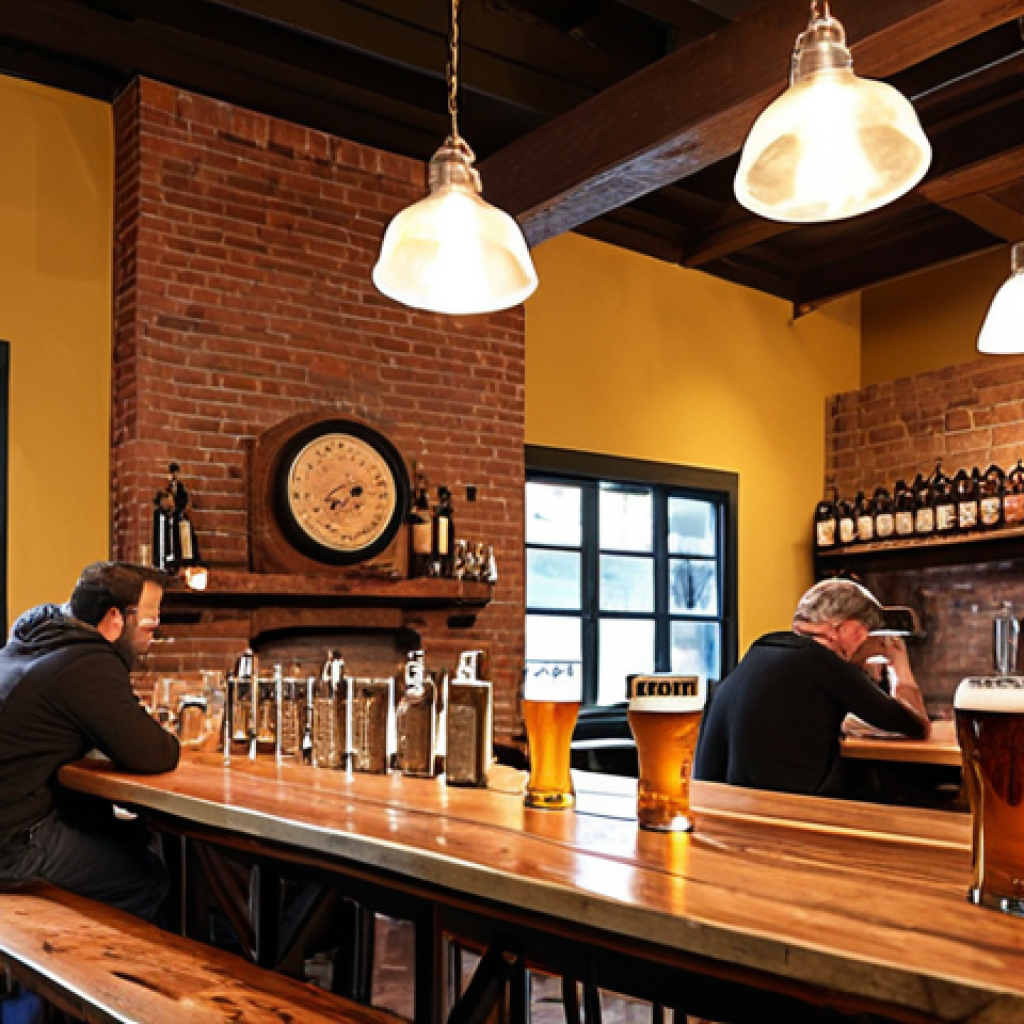 **

A warmly lit, rustic Italian microbrewery taproom scene. Focus on patrons enjoying craft beer. Some are sampling flights at wooden tables. In the background, copper brewing equipment gleams softly. Emphasize a cozy, community atmosphere, with exposed brick and artisanal details. Some local Italian food pairings alongside the beer.

**