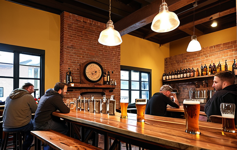 **

A warmly lit, rustic Italian microbrewery taproom scene. Focus on patrons enjoying craft beer. Some are sampling flights at wooden tables. In the background, copper brewing equipment gleams softly. Emphasize a cozy, community atmosphere, with exposed brick and artisanal details. Some local Italian food pairings alongside the beer.

**