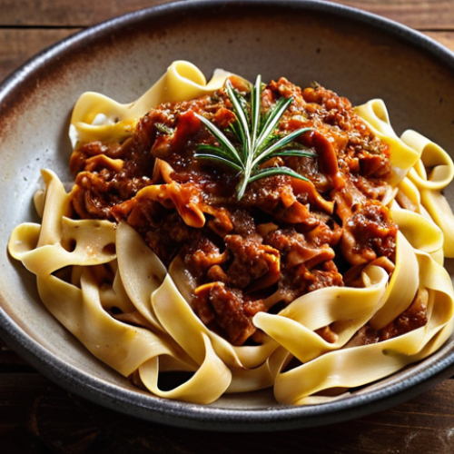 Home 10 **Image:** Fresh tagliatelle pasta with wild boar ragu. Focus on the rustic texture of the pasta and the rich, dark color of the ragu. Include fresh herbs like rosemary or thyme as garnish.