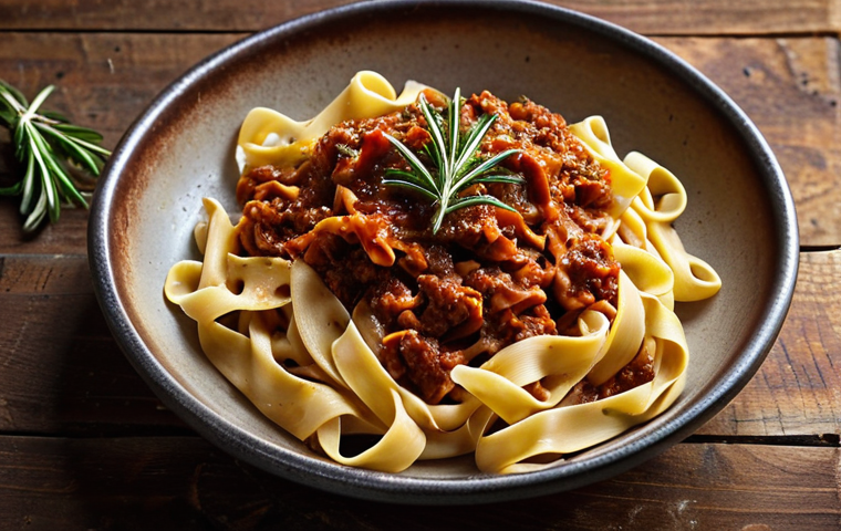 **Image:** Fresh tagliatelle pasta with wild boar ragu. Focus on the rustic texture of the pasta and the rich, dark color of the ragu. Include fresh herbs like rosemary or thyme as garnish.