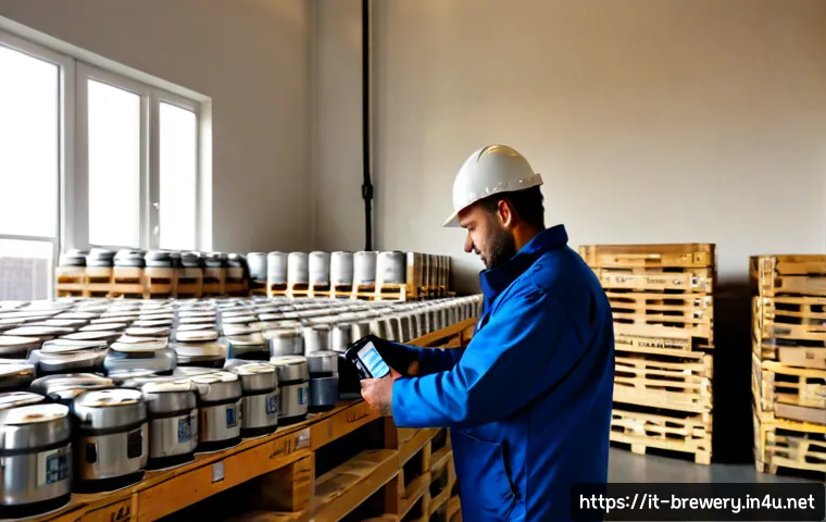 수제맥주 물류 관리 - Photorealistic craft beer logistics scene inside a small Italian brewery warehouse, a middle-aged wo...