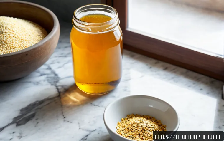 Home 14 맥주 효모 선택 - Photorealistic overhead comparison of two unbranded beer yeast supplement containers beside small gl...