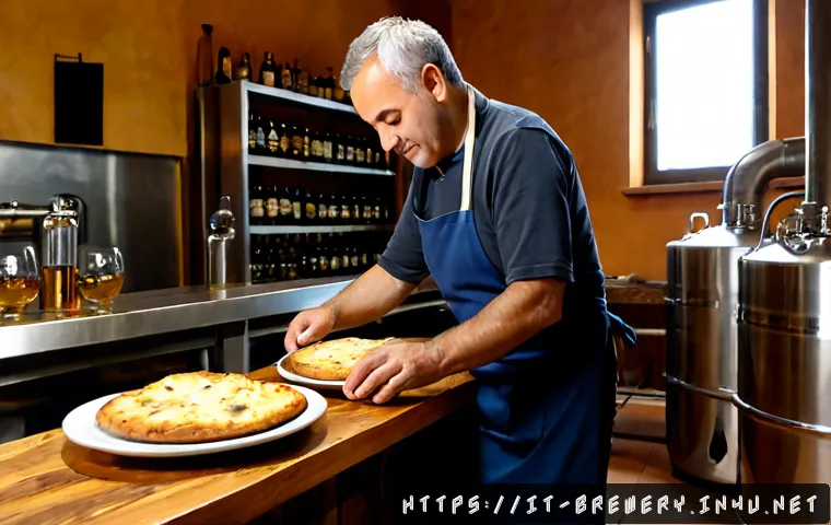 수제맥주와 식음료 산업 - Photorealistic Italian craft brewery tasting room, a welcoming middle-aged brewer in a clean apron a...